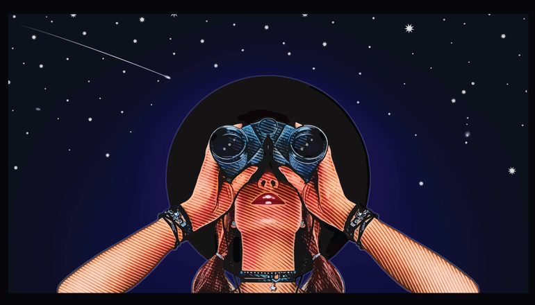 Engraving vector of a Young hipster woman with binoculars and stars