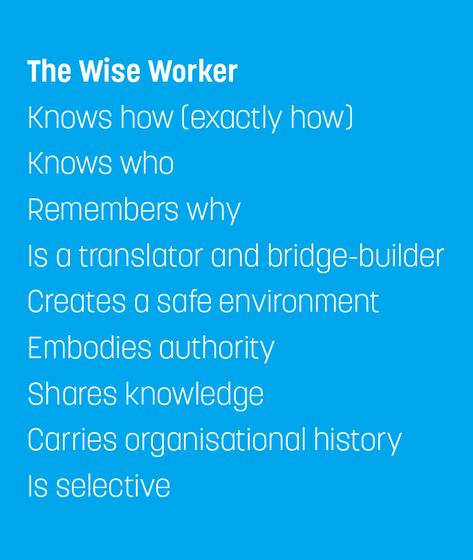 The Wise Worker
Knows how (exactly how)
Knows who
Remembers why
Is a translator and bridge-builder
Creates a safe environment
Embodies authority
Shares knowledge
Carries organisational history
Is selective
