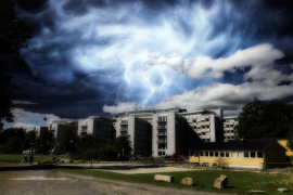 Manipulert bilde med storm over Forskningsrådets bygg
