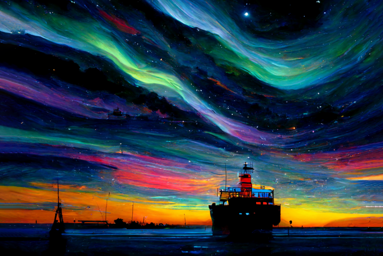 Ship at sea under aurora borealis