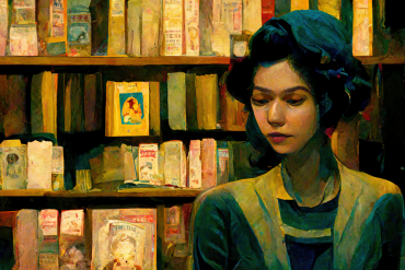 Kvinne som leser magasin in et bibliotek