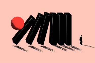 Conceptual business illustration of upcoming business problem metaphor with falling domino and businessman silhouette. Minimalistic vector eps 10 illustration